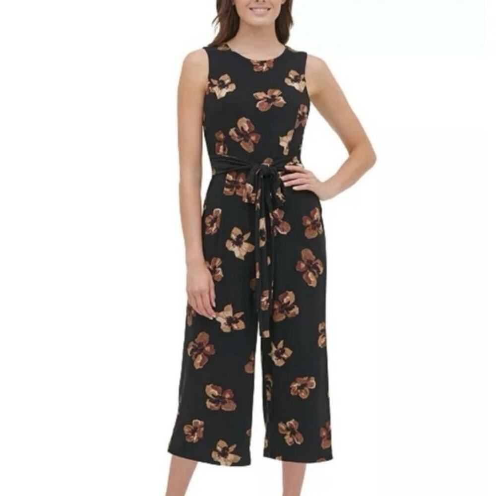 Tommy Hilfiger Black Tan Floral Sleeveless Tie Waist Cropped Jumpsuit Women 8